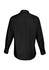 A black long sleeve button-up shirt featuring a standard collar and cuffs, with a logo on the back.