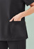 A black women's V-neck scrub top featuring a side pocket and a sleek design, with a logo on the fabric.