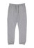 A pair of grey track pants with an elastic waistband and pockets, featuring a logo.