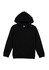A black hoodie featuring a front pocket and a drawstring hood, with a small logo on the label.