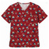 A unisex Christmas scrub top in red featuring a festive pattern of bells, Santa hats, and other holiday motifs.