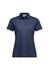 A women's short sleeve polo in navy blue with a folded collar and three-button placket. Features a logo on the chest.