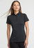 A women's short sleeve polo in black, featuring a collar and a fitted design. It has a logo on the chest.