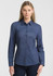 A long-sleeve women's shirt in navy blue featuring a collared neckline and button-up front, with a logo present.