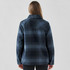 A women's plaid jacket in navy blue with a sherpa lining, featuring a button-up front and a logo on the back.