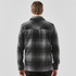 A men's black and grey plaid shacket with a classic collar and back yoke detailing. Features a logo on the fabric.
