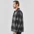 A men's shacket in black and grey plaid, featuring a button-up front and a single chest pocket.