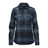 A women's shacket in navy and light blue plaid featuring a button-up front and two chest pockets, with a logo.