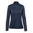 A women's pullover in navy blue with a 1/4 zip collar and long sleeves, featuring a logo on the garment.