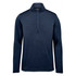 A navy 1/4 zip pullover with long sleeves and a stand-up collar, featuring a logo.