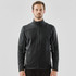 A men's knit jacket in black with a zippered front and a high collar, featuring a logo on the side.