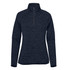 A dark navy half-zip fleece jacket for women with long sleeves and a collar. Features a logo on the garment.