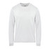 A long-sleeve white t-shirt with a simple design and a logo on the label.