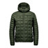 A green puffer jacket with a hood, featuring a quilted design and a zip closure at the front. It has a logo.