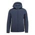 A navy puffer jacket featuring a hood and a front zip closure. The jacket has a simple design and includes a logo.