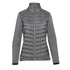 A grey women's softshell jacket featuring a quilted design and high collar, with a zippered front and branding.
