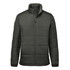 A dark grey puffer jacket with a high collar and zip front, featuring a logo on the side.