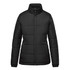 A women's black thermal puffer jacket with a zip closure and a high collar. It features a logo on the chest.