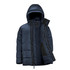 A navy puffer jacket with a hood and zippered front, featuring a logo and a two-tone design.