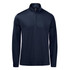 A navy blue men's pullover featuring a 1/4 zip collar and long sleeves, with a logo on the chest.