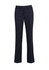 A pair of dark navy relaxed pants with a straight leg and front pockets. The pants feature a button closure and a logo.