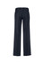 A pair of navy women's adjustable waist pants with a straight leg cut, featuring a back view.