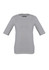 A women's short sleeve T-top in navy and white stripes, featuring a crew neckline and a branded logo.