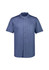 A short-sleeve chef shirt in navy blue with a stand-up collar and a front pocket, featuring a logo.
