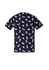A navy scrub top featuring a whimsical print of animals and flowers, with a logo on the fabric.
