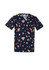 A navy scrub top featuring a fun space-themed print with planets, astronauts, and stars. It includes a logo.