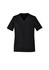 A black women's scrub top with a V-neck and short sleeves, featuring two front pockets and a logo.
