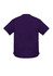 A purple unisex scrub top with short sleeves and a rounded neckline, featuring a logo.