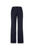 A pair of women's relaxed fit slacks in navy blue, featuring a back pocket and a logo.