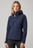 A woman wearing a navy soft shell jacket with a hood, featuring a zip closure and stylish design.