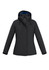 A grey women's rain jacket featuring a hood, zippered pockets, and a contrasting inner lining.