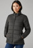 A women's puffer jacket in black with a high collar and side pockets, featuring a brand logo.