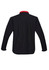 A black soft shell jacket with a red collar, featuring long sleeves and a logo.