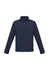 A navy jacket with a zip front, long sleeves, and side pockets. It features a branding logo.