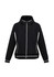 A black ladies jacket with white detailing, featuring a hood and zippered pockets, also has a logo.