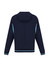 A navy soft shell jacket with a hood and light blue accents, featuring a logo on the back.