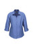 A blue women's 3/4 sleeve shirt with a collar and button-up front. It features a logo on the label.