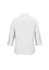 A white women's shirt with 3/4 sleeves and a collar, featuring a logo on the back.