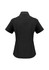 A black women's button-up short sleeve shirt with a fitted silhouette and a collar, featuring a logo.