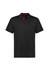A black short sleeve polo shirt with red detailing and a logo. Features a classic collar and a straight-cut design.