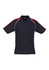 A navy blue polo shirt with red accents and a logo on the chest area. Short sleeves and a classic collar.
