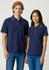 A navy blue men's and women's polo shirt featuring contrasting trim and a subtle logo.
