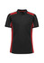 Unisex grid short sleeve polo in black with red side panels. Features a collar and three-button placket. Includes a logo.