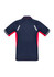 A navy and red short sleeve polo shirt with reflective detailing and a logo on the back.