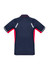 A navy and red short sleeve polo shirt with reflective detailing and a logo on the back.