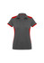 A grey women's polo shirt with red accents and a collar, featuring a logo.